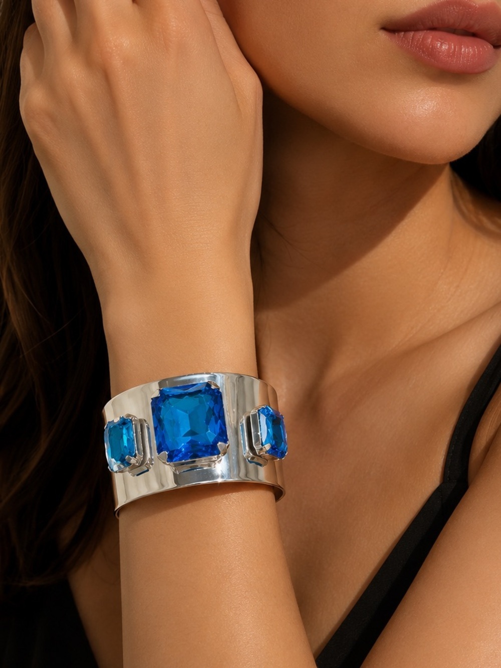 Silver Tone Blue Crystal Statement Cuff Bracelet